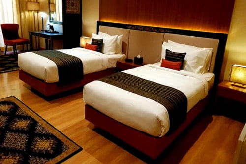 The twin share room at the Norkhil Boutique Hotel in Thimphu