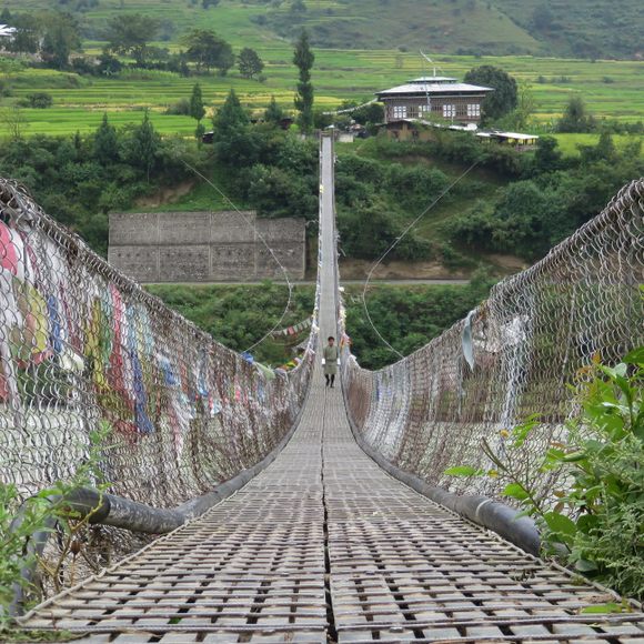 Bhutan's longest suspenion bridge is 180 metres and crosses the Po Chhu (Father River) in the Punakha Valley.