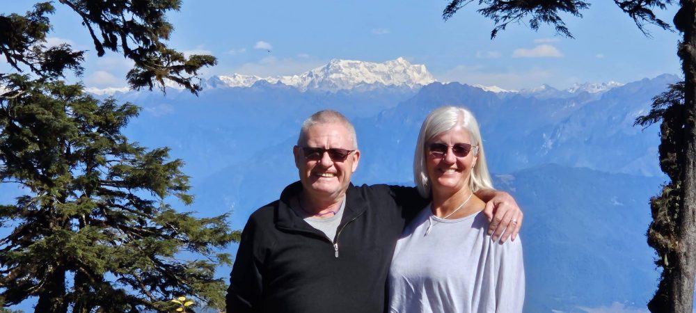 Bhutan is magical in late OCT-NOV with often cobalt blue skies and the odd snow covered peak making for mesmerising scenery. James & Nicola of Bhutan & Beyond are at Dochu La (pass 3118m) in NOV23 with the eastern Himalayan in the background.