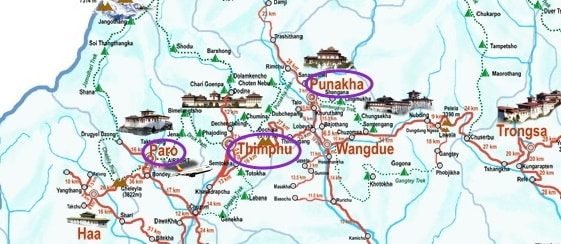 Bhutan Winter Wonder Tour Map - 6nts