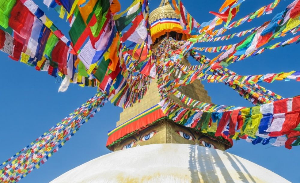 flags on a temple in Kathmandu Nepal